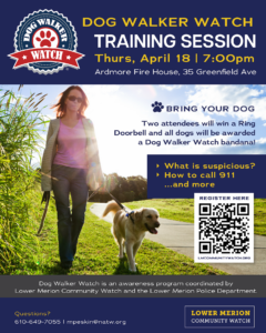 Poster advertising dog walker watch event training session. Image shows blue header with logo above a large image of a woman walking a dog along a path.