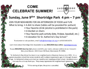 image describing summer picnic in shortridge park. all text in image appears below the image in plain text